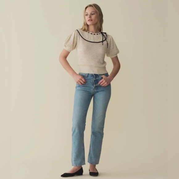 Doen Glenda Pima Cotton Ribbon Bow Short Sleeve Knit Sweater Top Cream Black - Picture 5 of 12